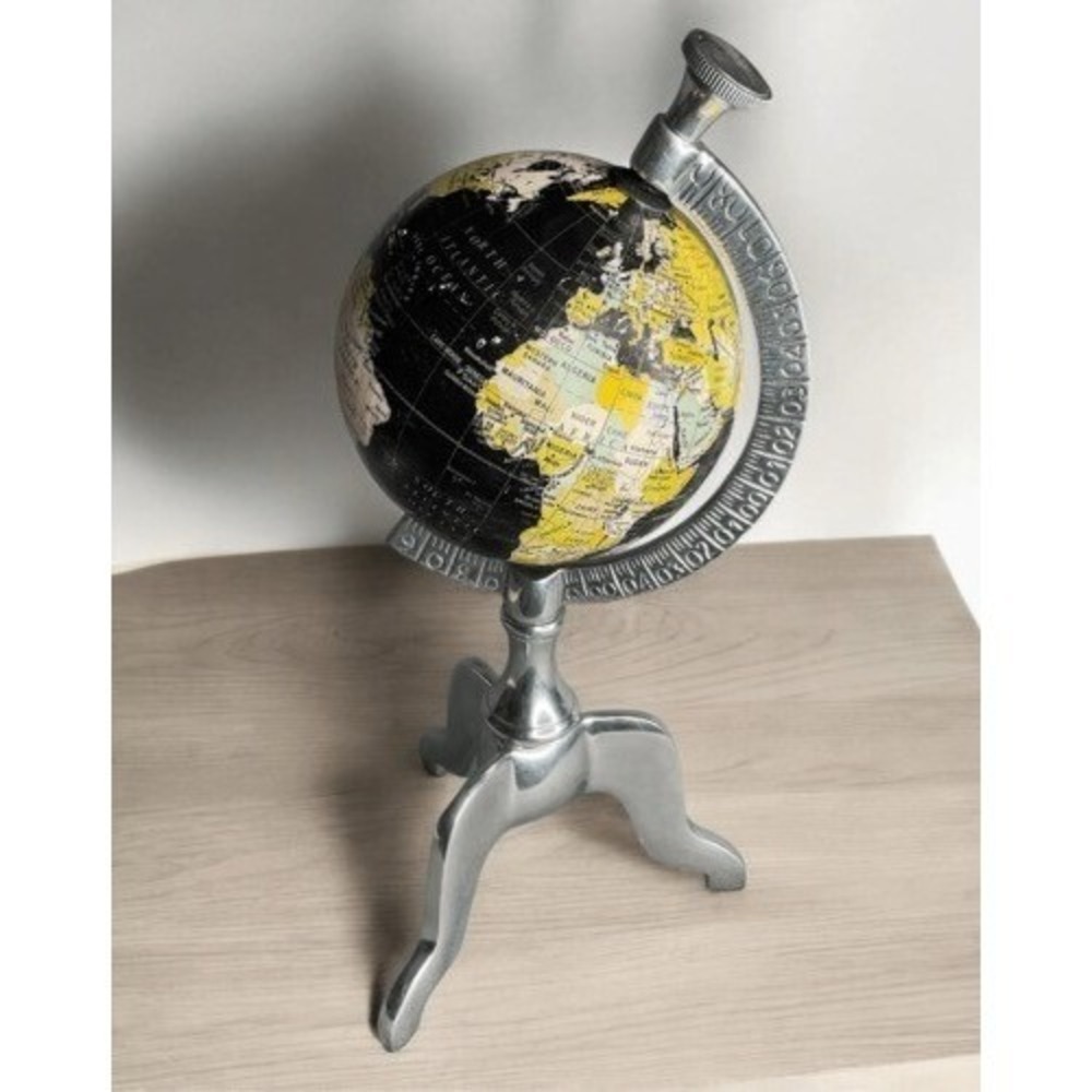 Vintage Globe World Global w/Three Leg Silver Stand/Black Ocean Desktop 13.5"X7"